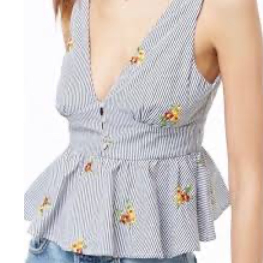 Sweet Floral Embroidered Striped Peplum Top V-Neck Button Front Black White